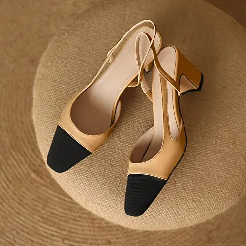 Adrizzlein Womens Slingback Heeled Pumps Closed Round Toe Block Heels Two Toned Casual Chunky Heels Office Shoes Beige Size 11